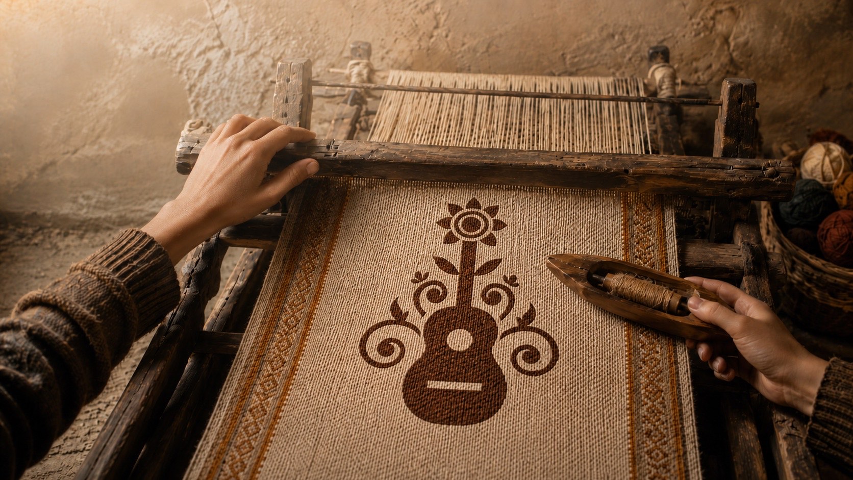 Telar tradicional en uso. Dos manos lo trabajan: una sostiene la madera, otra pasa la lanzadera. En el tejido aparece el icono guitarra-flor de Fundación Mi Sangre, tejido en cacao sobre lana cruda con guardas en ocre. Pared de adobe al fondo, cesta con madejas a la derecha.