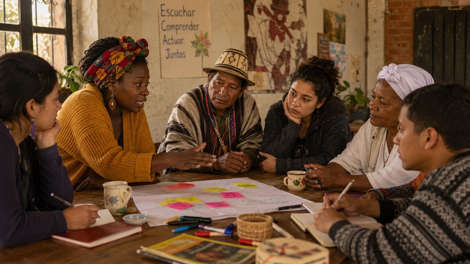 Seis personas de distintas edades, géneros y orígenes étnicos reunidas en una mesa de trabajo con post-its y cuadernos abiertos. Al fondo, un cartel manuscrito con las palabras Escuchar · Comprender · Actuar · Juntas.
